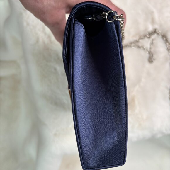 La Regale Crisscross Navy Blue Satin Structured Envelope (Clutch/ Shoulder Bag/ - Picture 9 of 16